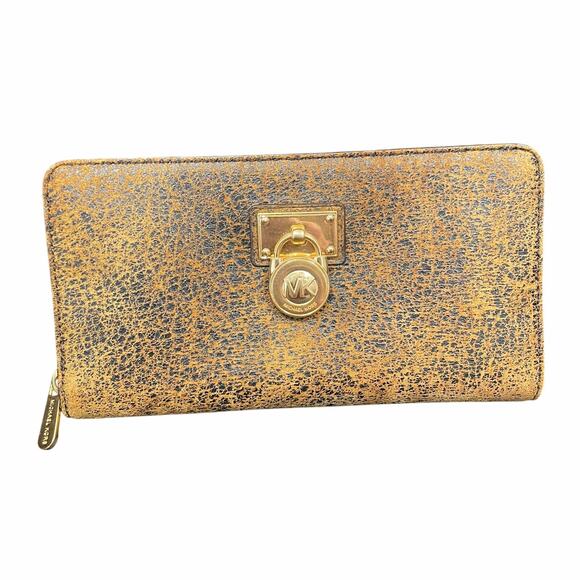 Michael Kors Hamilton Wallet Light Brown Distressed Leather Gold Logo Accent - Picture 1 of 9